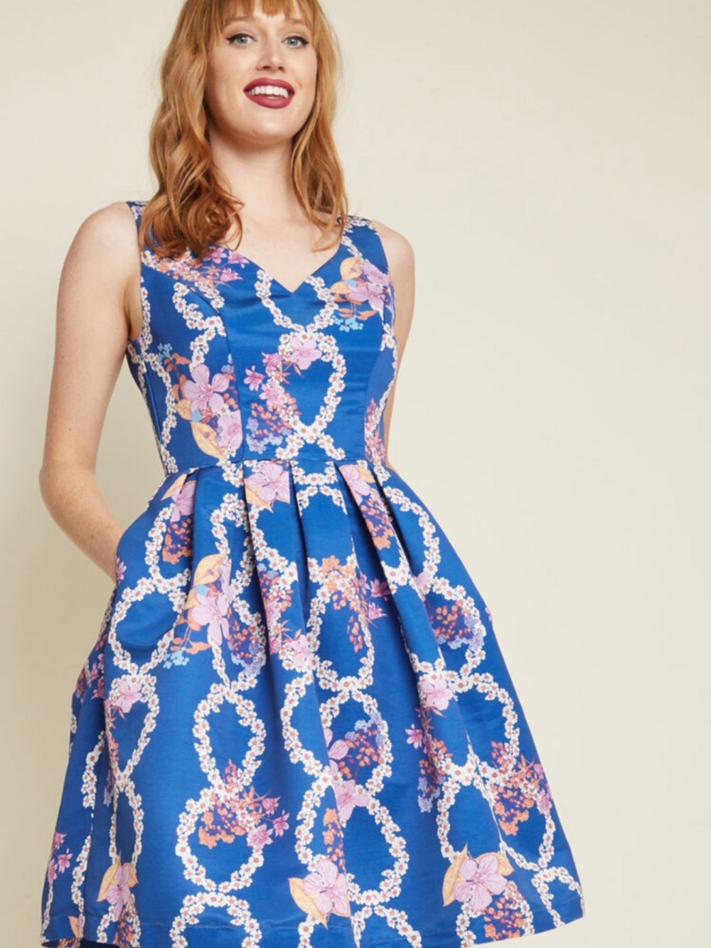 Modcloth Floral Fit-and-Flare Blue Dress Size XL